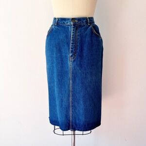 Gitano Denim Midi Skirt Blue High Waisted Pockets Vintage 1980s Western Rodeo